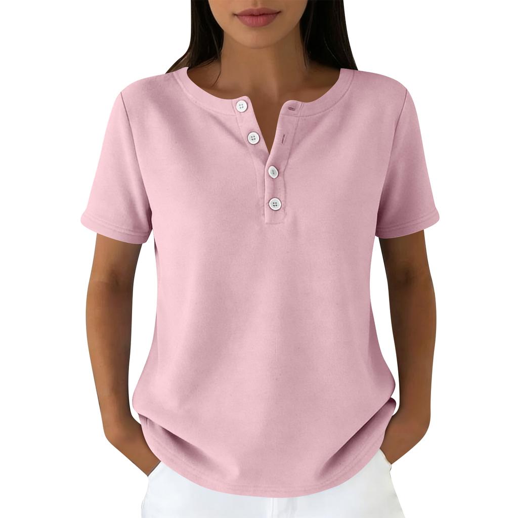 Lässiges Damen-T-Shirt in verschiedenen Farben, V-Ausschnitt, kurzen Ärmeln und Zierknöpfen.