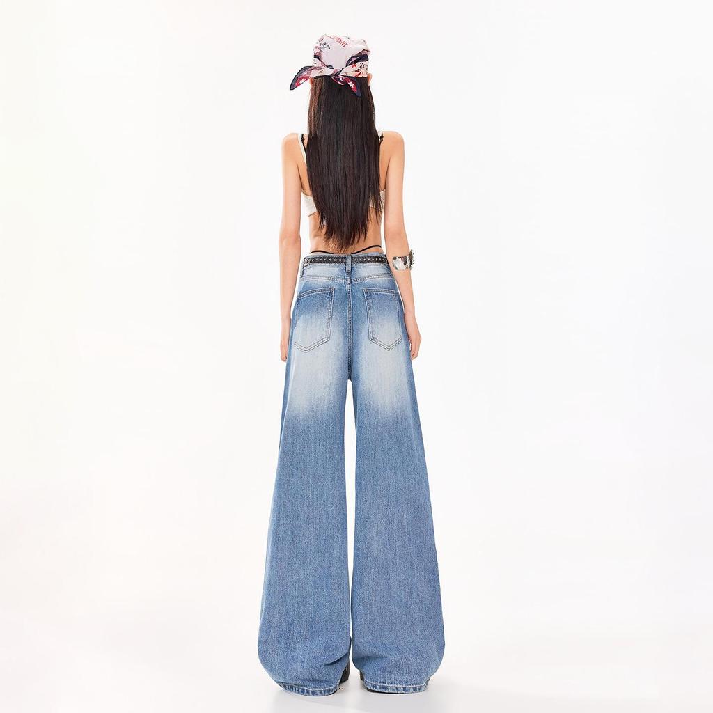 Women's Textured Distressed Denim Jeans: Loose Fit, Wide-Leg, Floor-Length, New Spring/Autumn 2026 Style.