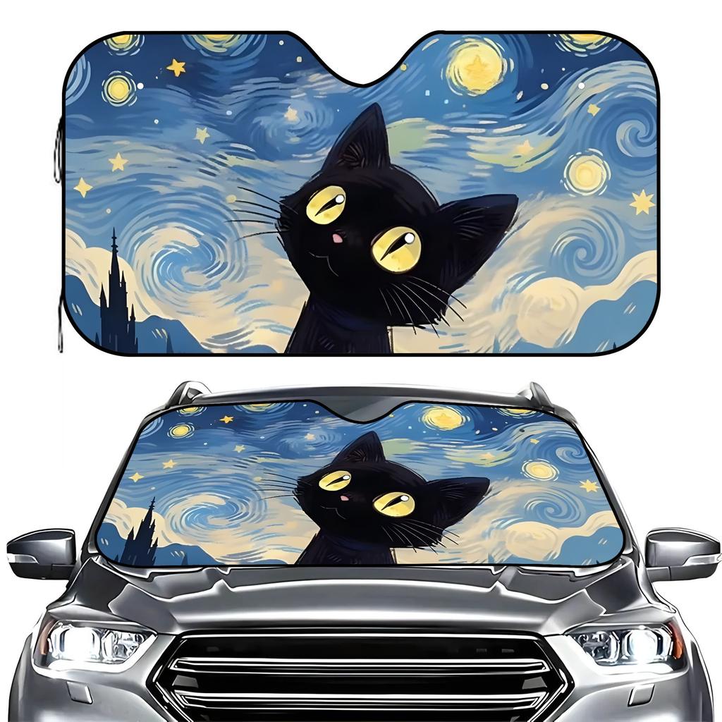 1Pcs Starry Night Cat Pattern Windshield Sunshade UV Rays Heat Blocker Keeps Vehicle Cool Unique Design Fit Sedans SUVs RVs