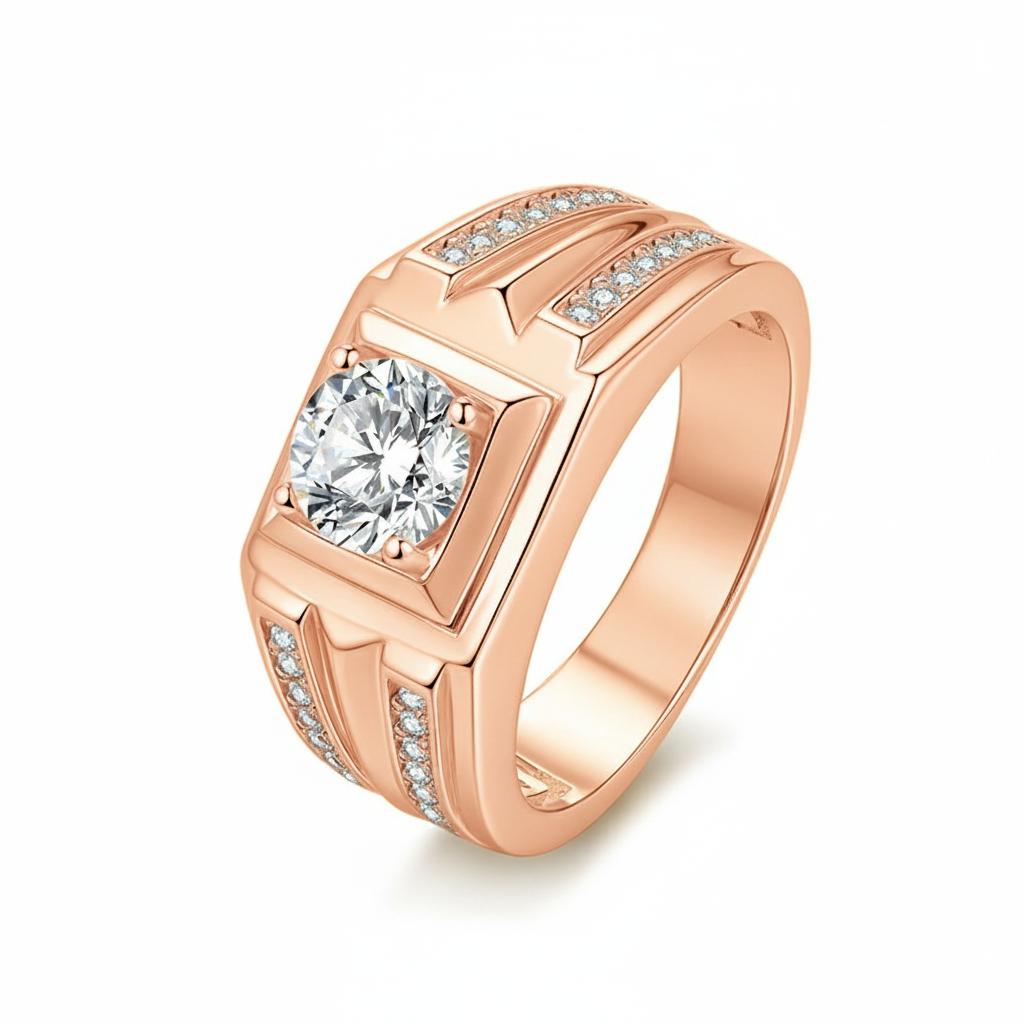 S925SilverMoissaniteRing for Men 6.5mm Round Cut 18K Gold Plated Chunky Band With Side Stones Vintage Statement Wedding BandGift