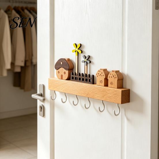 Home Organization Accessory Solid Wood Key Holder with 6 Hooks, Decorative Wall Hanging Storage Rack, Hooks Space Saving Mounted Organizer for