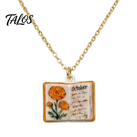 Talos Women Birth Flower Necklace, Floral Book Pendant January To December Month Gift for Wife Girlfriend