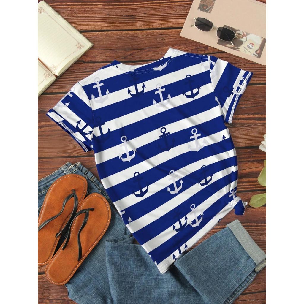 Summer Round Neck 3D Anchor Pattern Stripe Print Top Fashionable Casual Short Sleeved Women's T-shirts