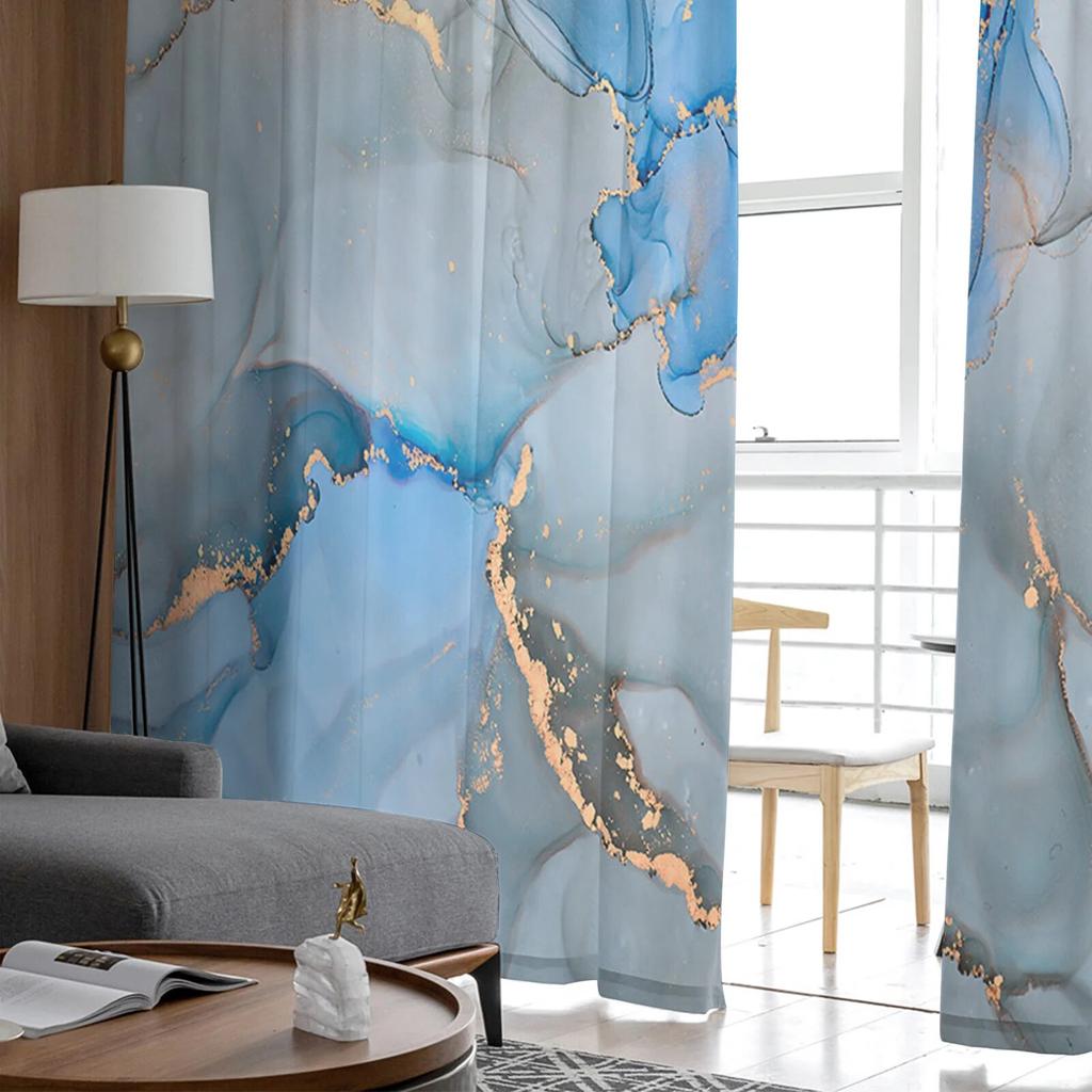 Marble Texture Watercolor Blue Gray Window Tulle Curtains For Living Room Kitchen Home Decor Sheer Voile Curtains