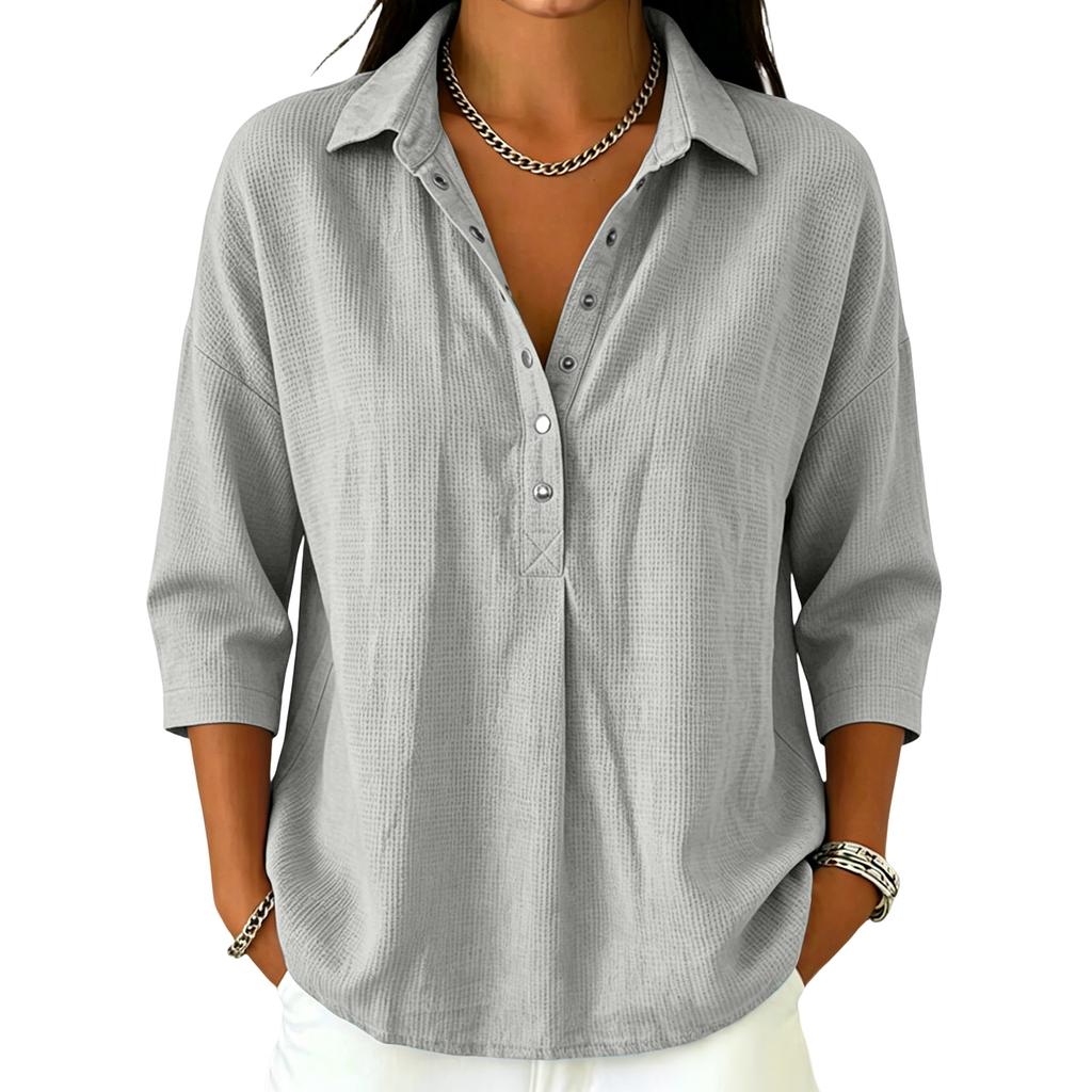 Women's Casual V Neck Button Down Waffle Knit Top Three Quarter Sleeve Relaxed Fit Lightweight Shirt for Everyday Wear