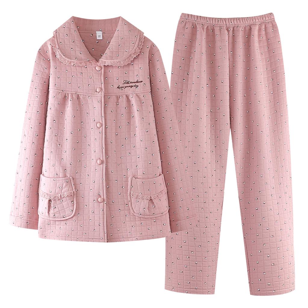 Pajamas Women's Spring and Autumn Pure Cotton Long-sleeved Autumn and Winter Air Cotton Interlayer Winter Mother Thin Padded Loungewear