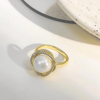 Women Ring Crossed Bling Rhinestone Elegant Open Adjustable High Gloss Faux Pearl Finger Ring