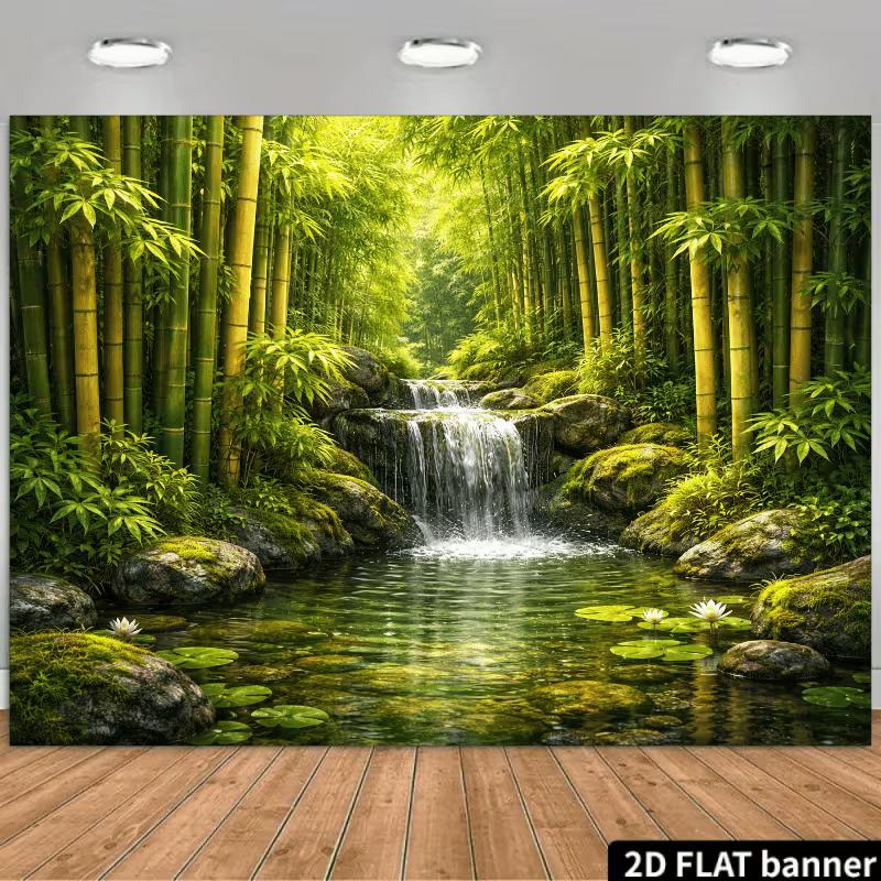 2D Bamboo Forest Waterfall Backdrop for Zen, Nature & Oriental Themed Photography