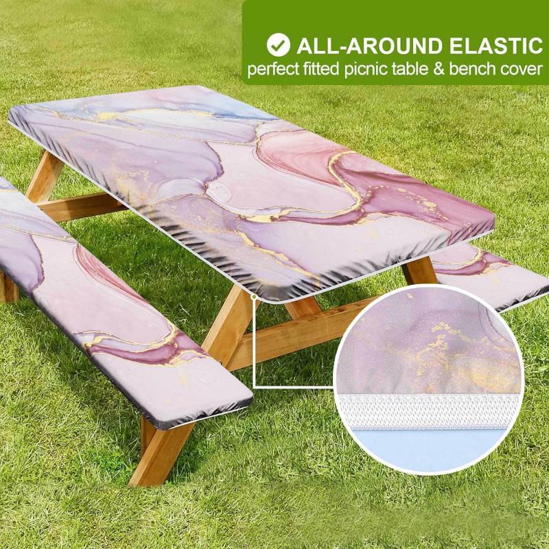 Waterproof Camping Tablecloth Set With Elastic Edge Drawstring Floral Print Rectangle Table Cover Outdoor Picnic BBQ