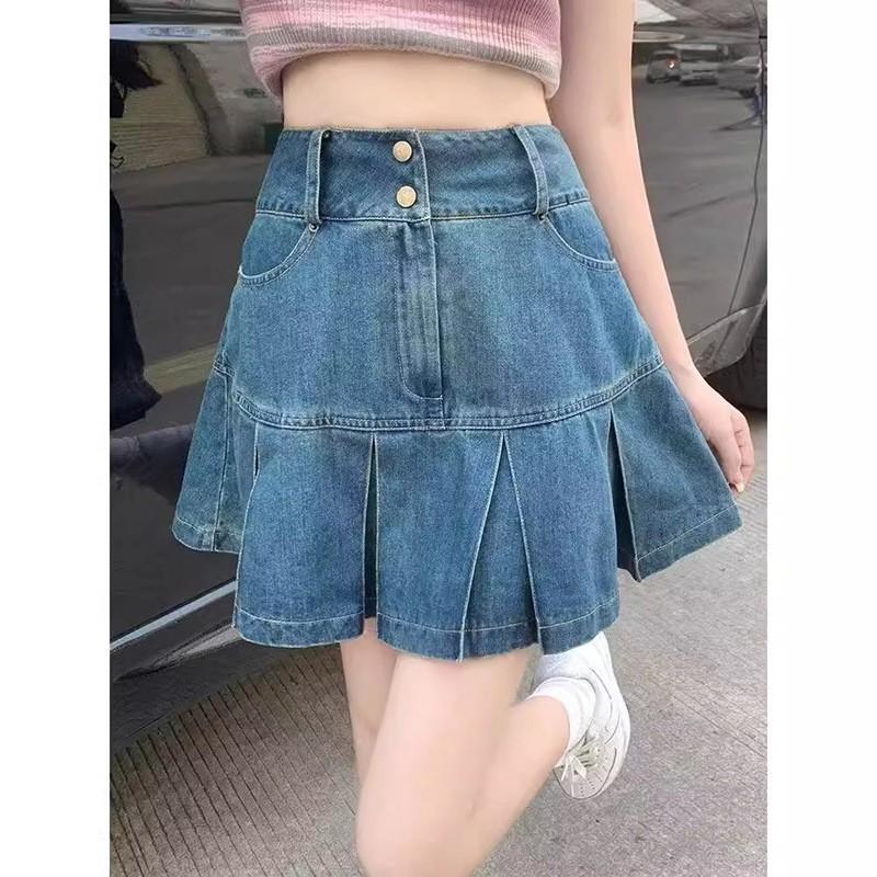 High Waist Pleated Denim Skirt Women A-Line Mini Tummy Control Slimming Fit Pear Shape