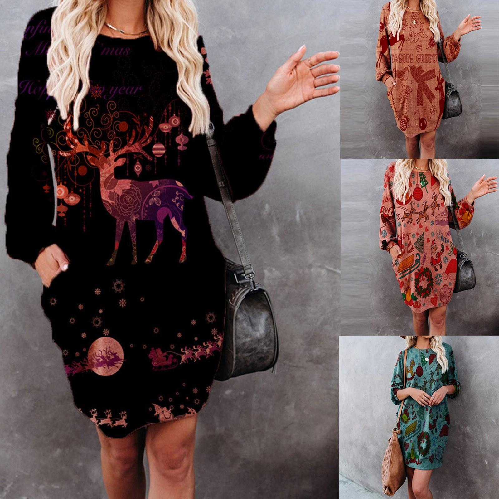 

Женская мода Рождественская сумка Модное платье с круглым вырезом и карманом на бедре