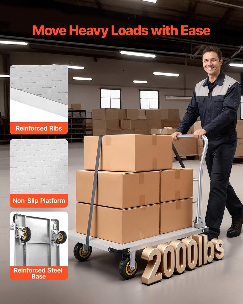 Platform Truck, 907.18 Kg Capacity, Heavy Duty Steel Flatbed Cart with Swivel Wheels and Handle, Foldable Platform Hand Push Truck Dolly, for