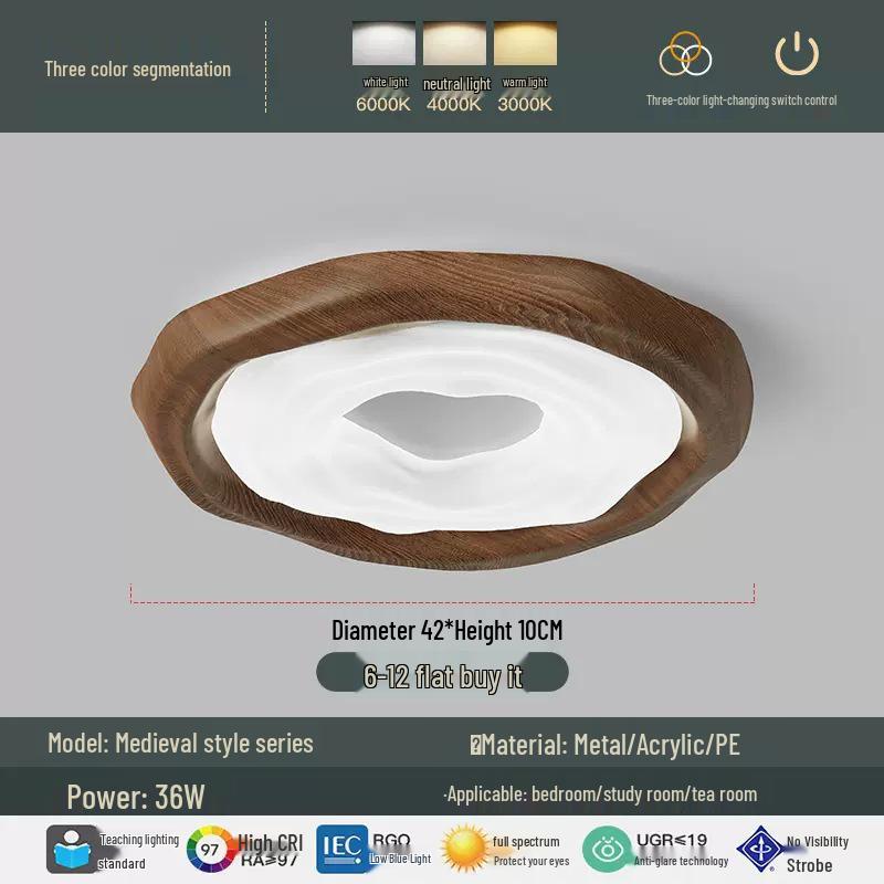 

Потолочный светильник «Крем» с отделкой под грецкий орех - Современный, Простой, Защищающий глаза, Полноспектральный свет для спальни или кабинета Three Color Change