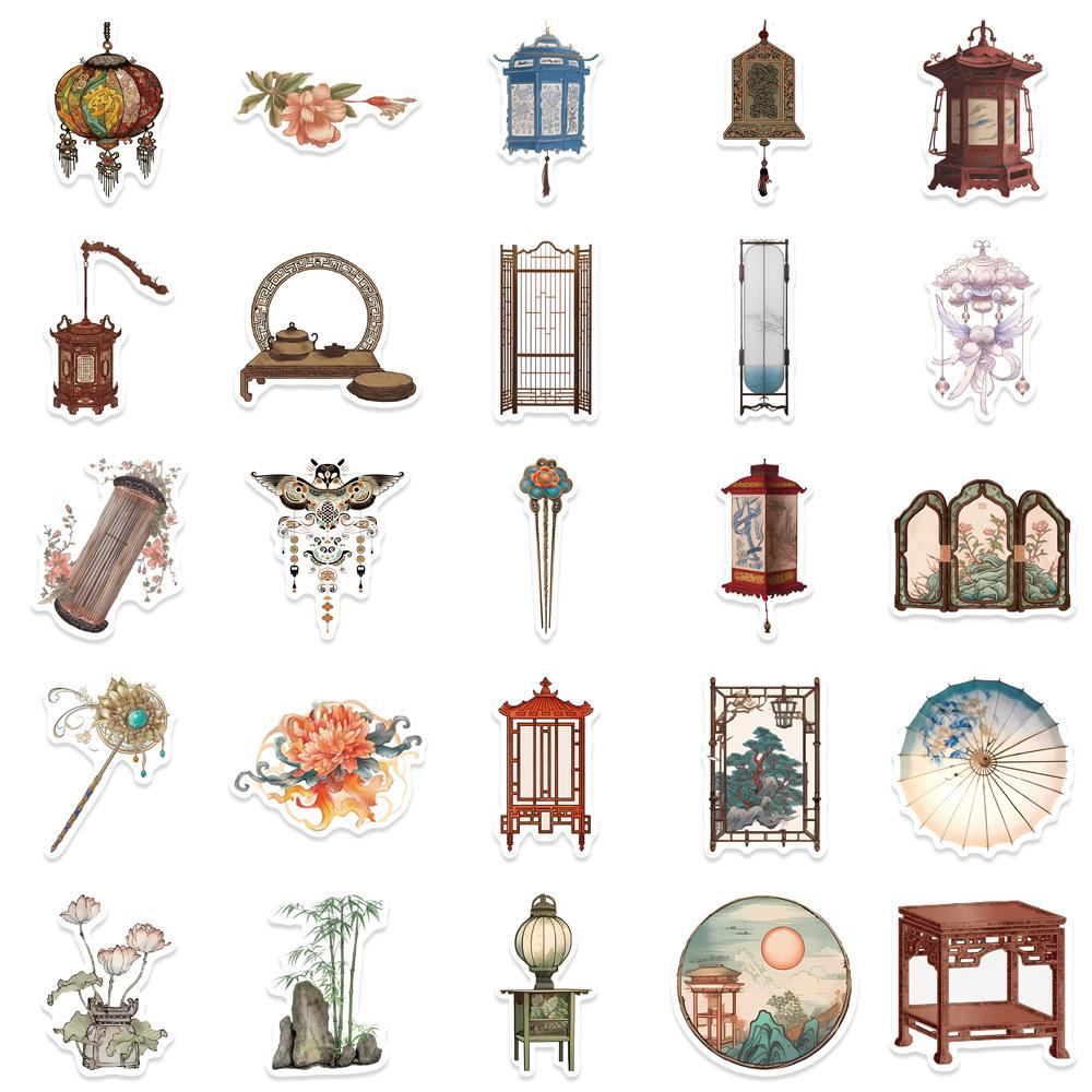 50 Pieces of Ancient-style Small Item Sticker Books, Chinese-style Lantern Phone Case Stickers