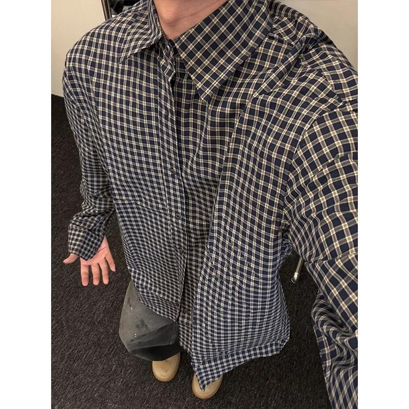 Vintage Plaid Long Sleeve Men Casual Shirt Summer Breathable
