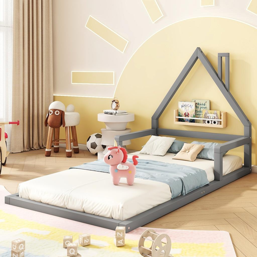90*200cm Children's Bed, Low Bed, House Shape, Solid Pine, Simple Design, Gray