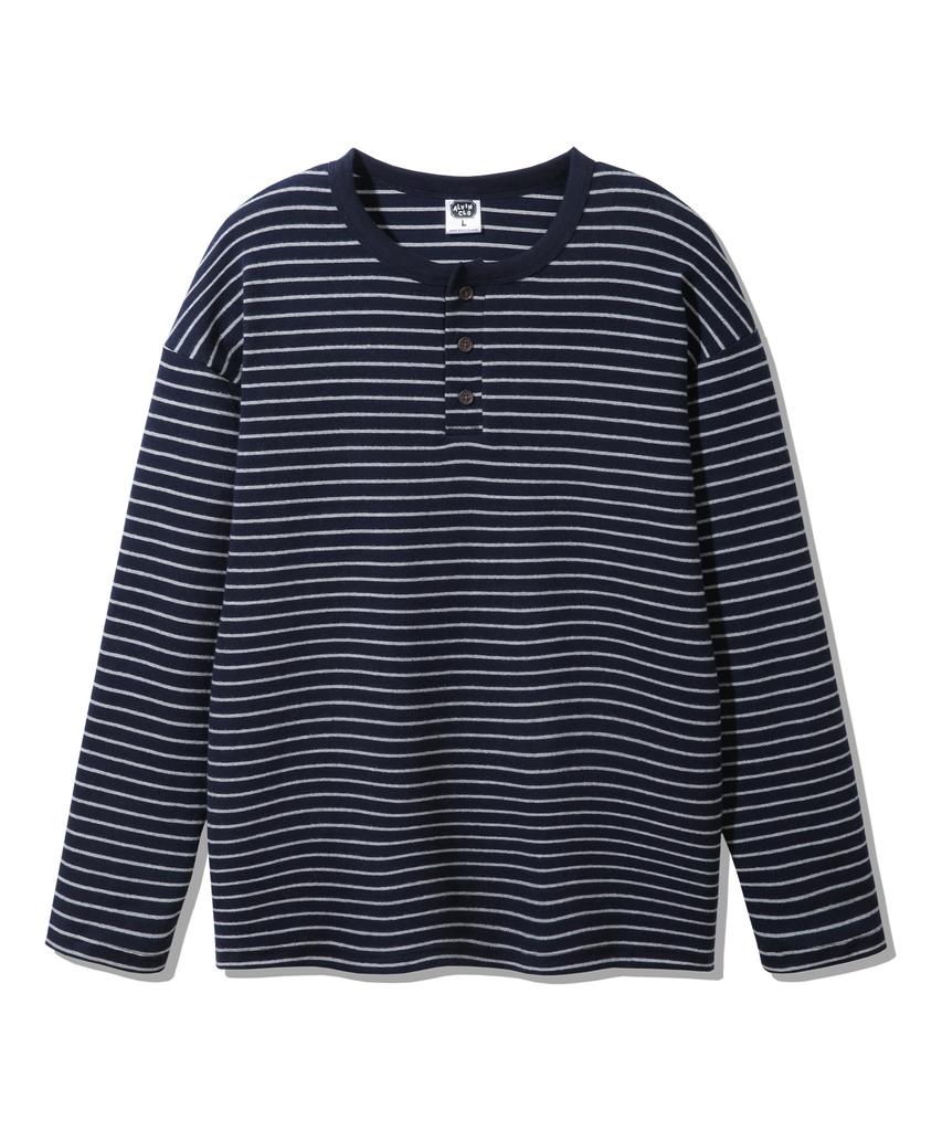 ALVINCLO Peach Stripe 3-Button Henley Neck Long Sleeve T-Shirt Avt953 (3 Colors)