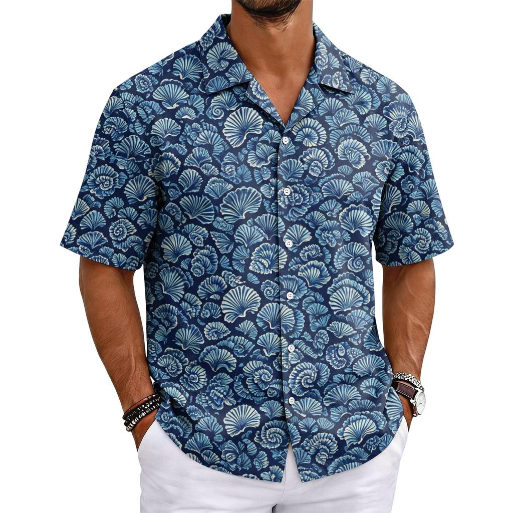 Men's Summer Hawaiian Print Cuban Collar Shirt Short Sleeve Button Down Casual Beach Shirt Lightweight Breathable Fabric