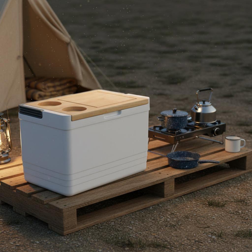 Insulated Container with Cut Board Lid Large Capacity Camping Chiller, Table, Builtin Cup Holders,