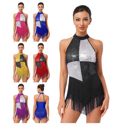 Womens Latin Dance Costume Sleeveless Backless Color Block Design Shiny Sequins Tassels Leotard
