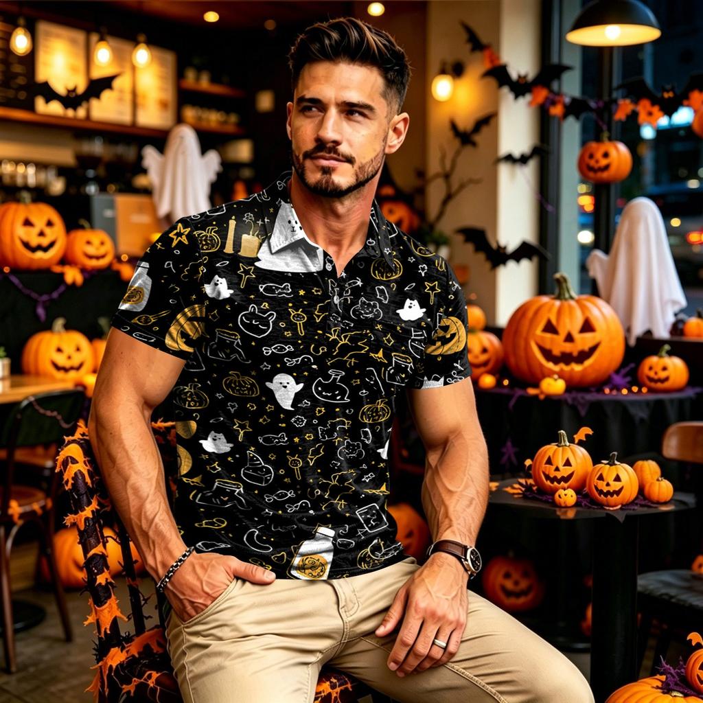 Men's Quick Dry Long Sleeve Golf Shirt with Chest Pocket Halloween Print