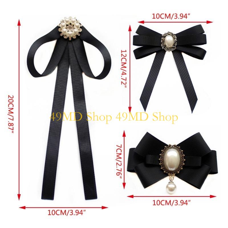 49MD Pearl Ribbon Brooch Pin Bow Tie Vintage Pre-Tied Collar Jewelry Bowknot Necktie