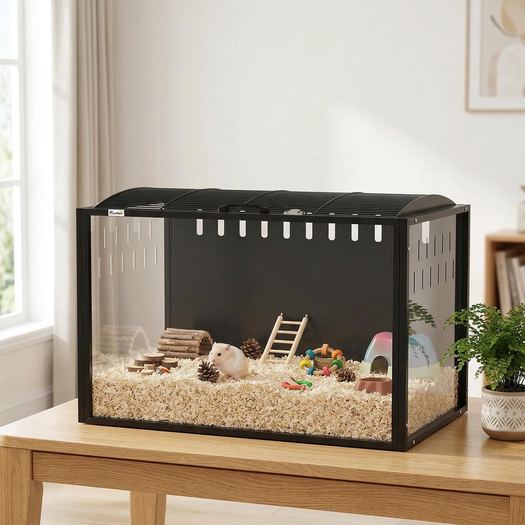 Giant Hamster Cage Rodent Habitat in Transparent Acrylic and Steel Panoramic View 81 x 51 x 53 cm Black
