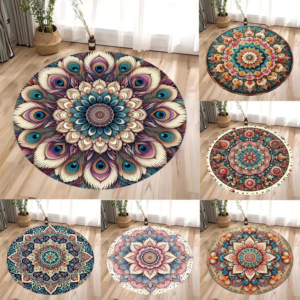 Mandala Colorful Floral Round Rug Bohemian Yoga Meditation Carpet for Living Room Bedroom Spiritual Home Decor