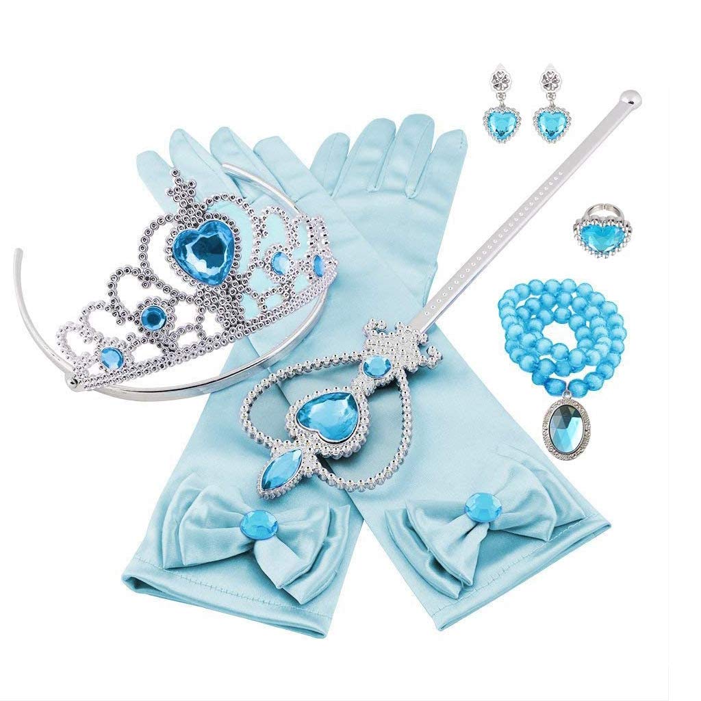 Frozen Elsa Princess Ice Blue Heart Magic [YITING] Kids' Costume, 7-Piece Set, (Princess Dress, Tiara, Wand, Gloves, Necklace, Ring, Earrings)