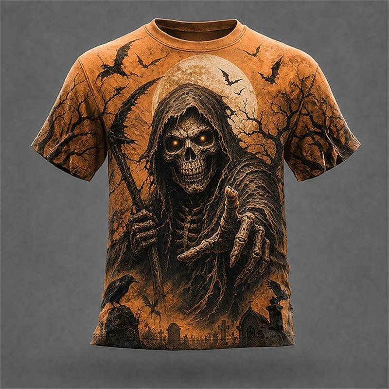 Halloween Men's Optical Illusion Skeleton T-Shirt Short-Sleeve T-Shirt 3D-Printed Crew Neck Shirt Horror Theme Streetwear Top