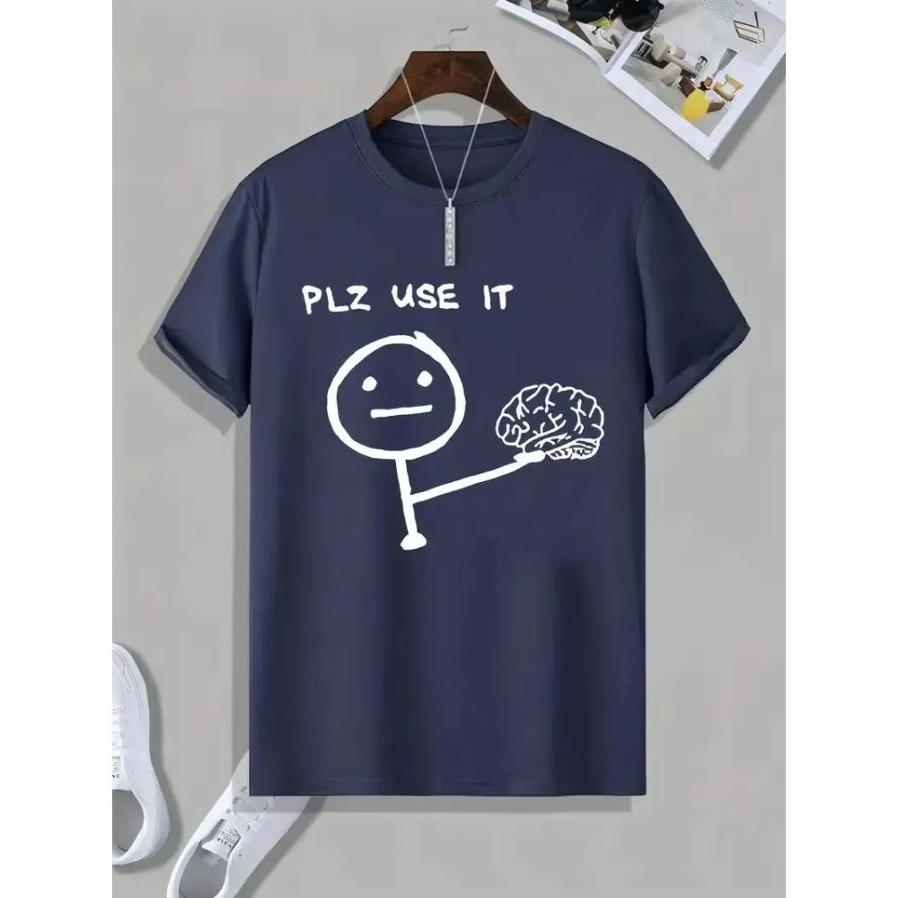PLZ USE IT Brain Cartoon Printed Men's Fun Short Sleeve Crew Neck T-Shirt Graphic Cotton T-Shirt Casual Summer Pajamas Top