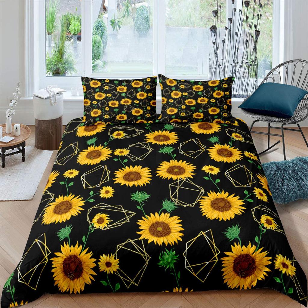 Vintage Sonnenblumen Bettbezug Set Buchstaben Bettwäsche Set Buchstaben und Sonnenblumen Gedruckt Retro Mädchen Queen Size 2/3tlg. Bettdeckenbezug