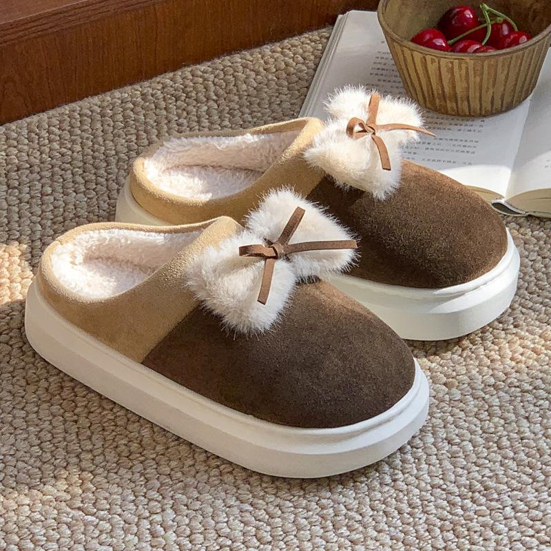 New Home Cotton Slippers Winter Indoor Velvet Warm Comfortable Soft Sole Heightening Bow Shoes Slippers