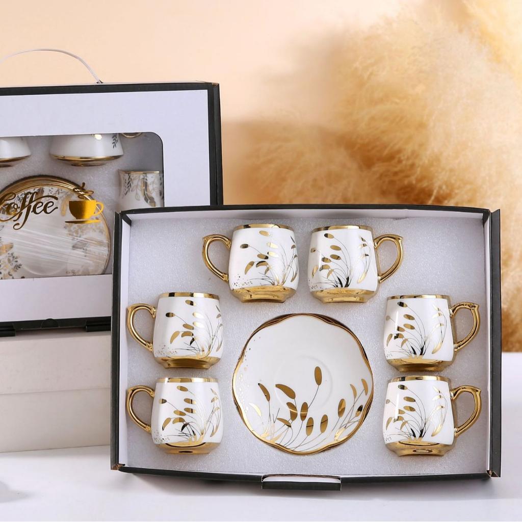 Classic European Style Ceramic Coffee Cup, Gold-plated Ceramic Cup, Trendy Coffee Cup, 6 Cups, 6 Plates Gift Box Set