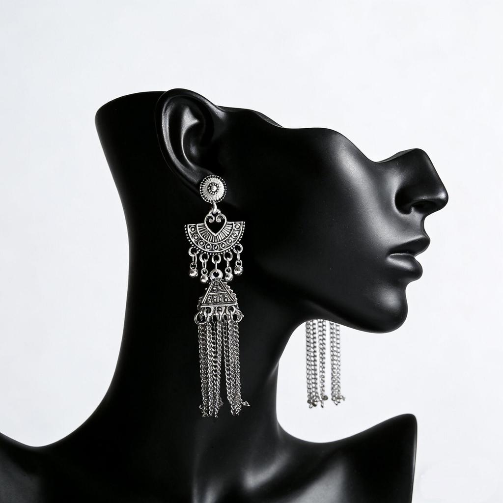 Vintage Fan-Shaped Tassel & Bell Earrings - Retro Ethnic Style for Women
