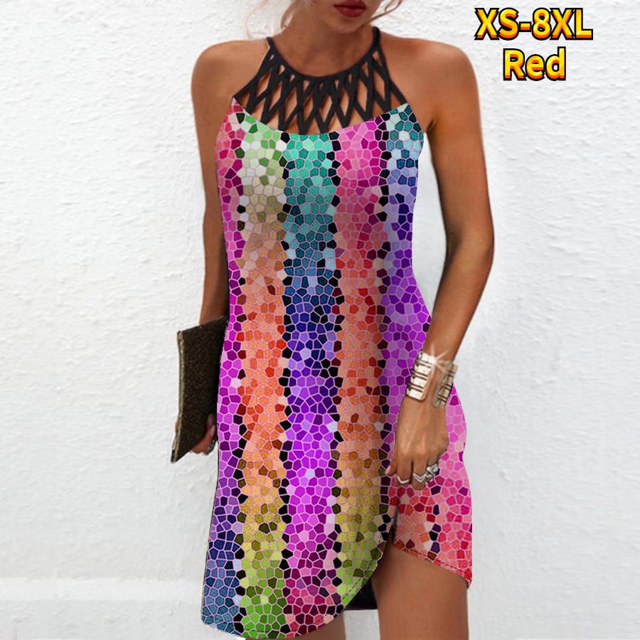 Letní móda Sexy šaty bez rukávů Měkké Ležérní 3D Různobarevná textura Potisk Šaty Bez rukávů Svázané šaty Letní podvazkové šaty
