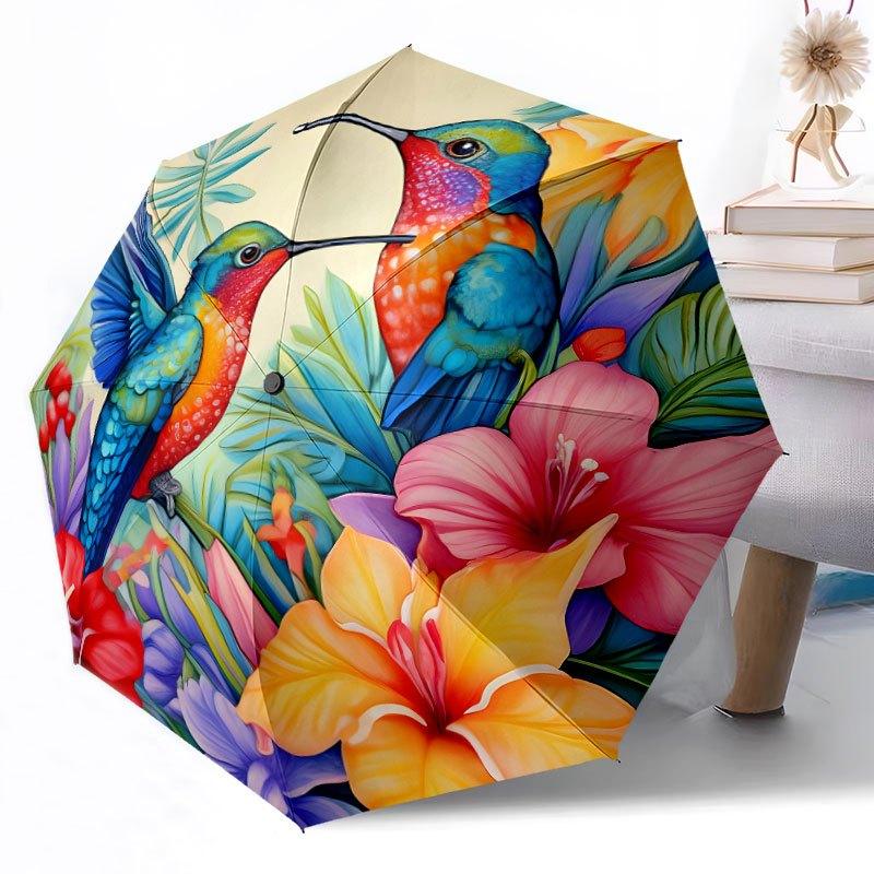 Two Birds Perched On A Rose Bush With Blooming Pink Flowers Automatic Umbrella With Folding Feature Retractable Design With 8 Rib Durability Compact