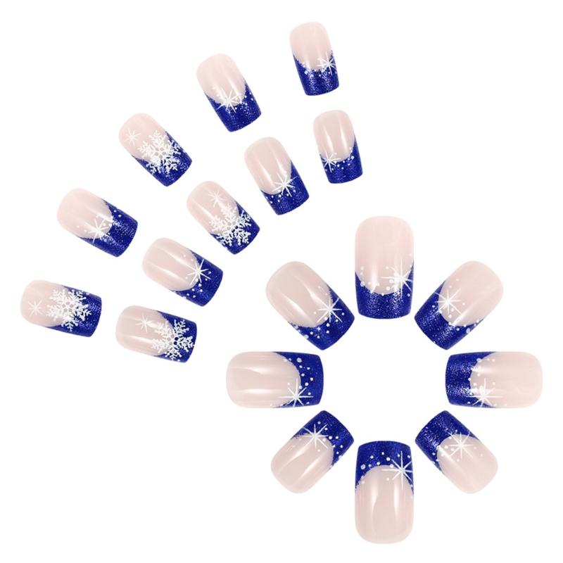 Winter Christmas Short Square False Nails Set with Snowflake Full Cover Glossy Finish Manicure Nail Decoration 24Pcs