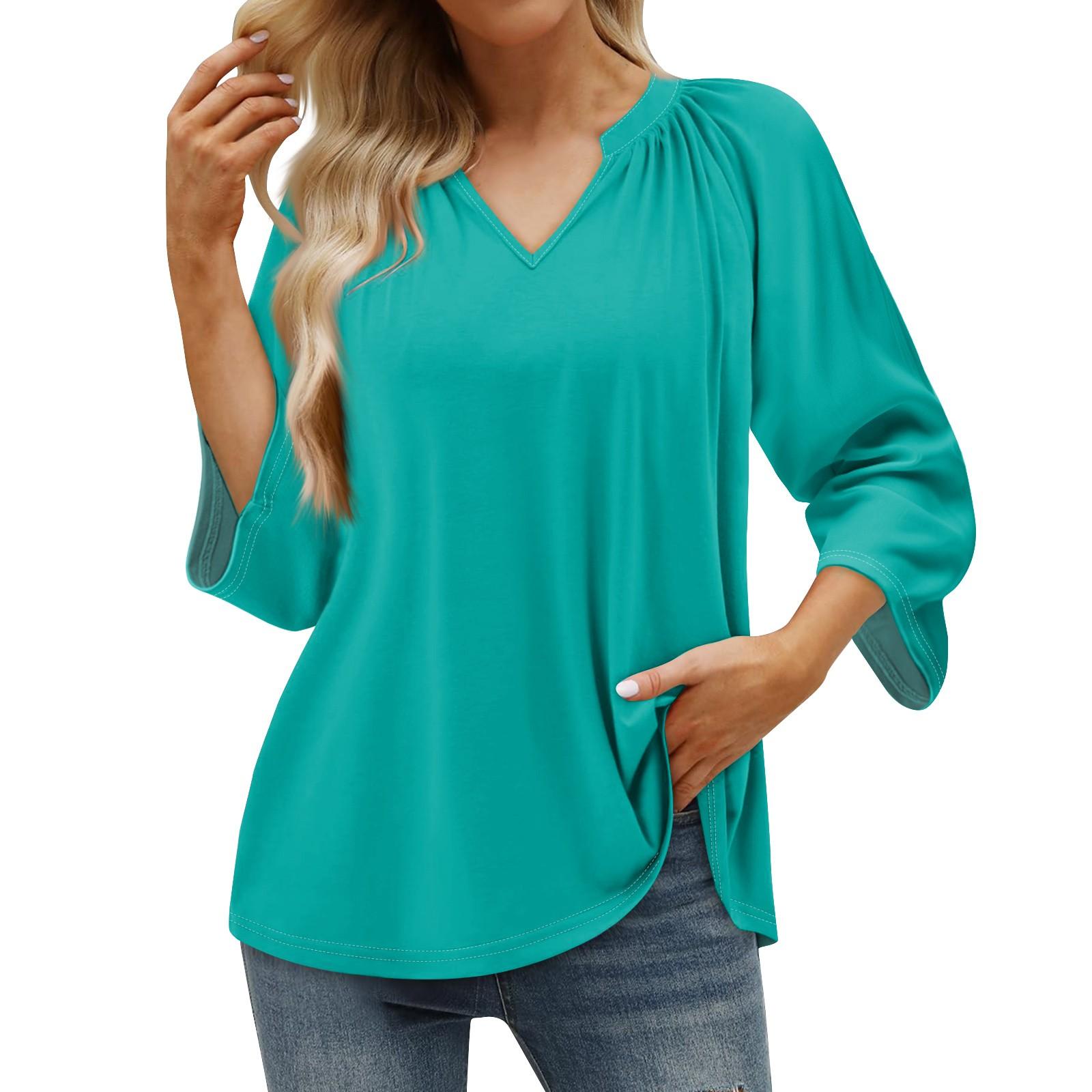 

Женская летняя повседневная футболка с рукавом 3/4, однотонный пуловер с v-образным вырезом, топ S