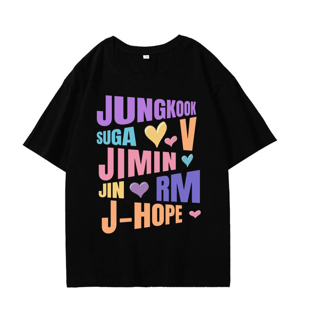 Kpop BTS Mitglieder Namens T-Shirt, Süßes Buntes Herz Grafik-T-Shirt, Jimin Jungkook V Suga Jin RM J-Hope Kurzarmshirt, Oversized Oberteil Geschenk für ARMY
