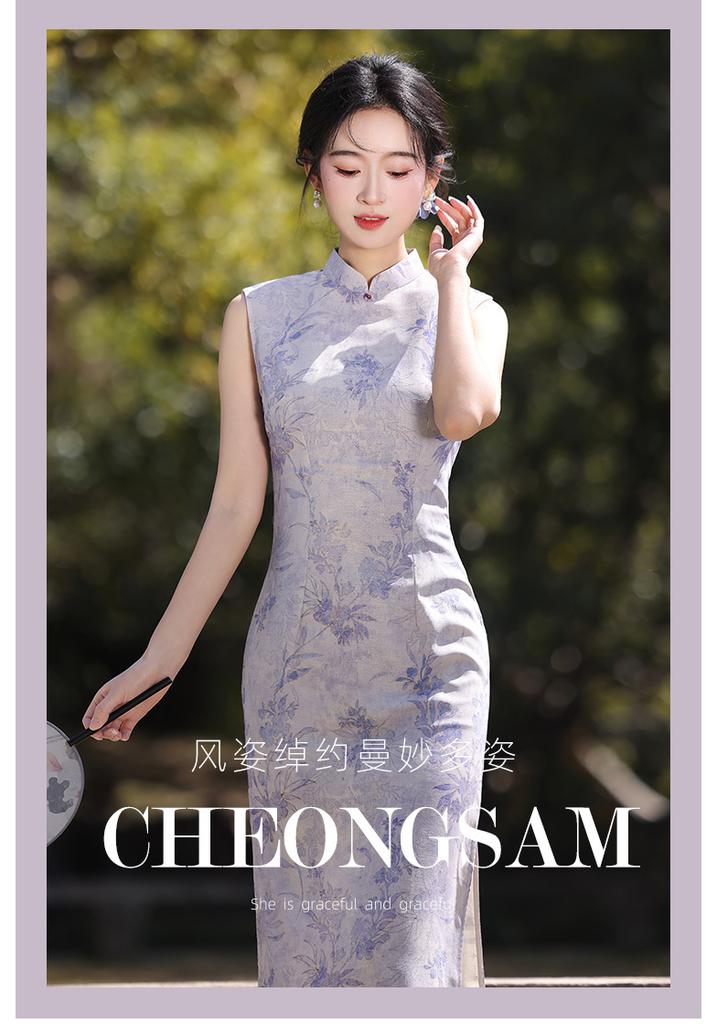 New Chinese-style purple sleeveless cheongsam slim and thin temperament daily wear dress advanced sense fishtail slit woman