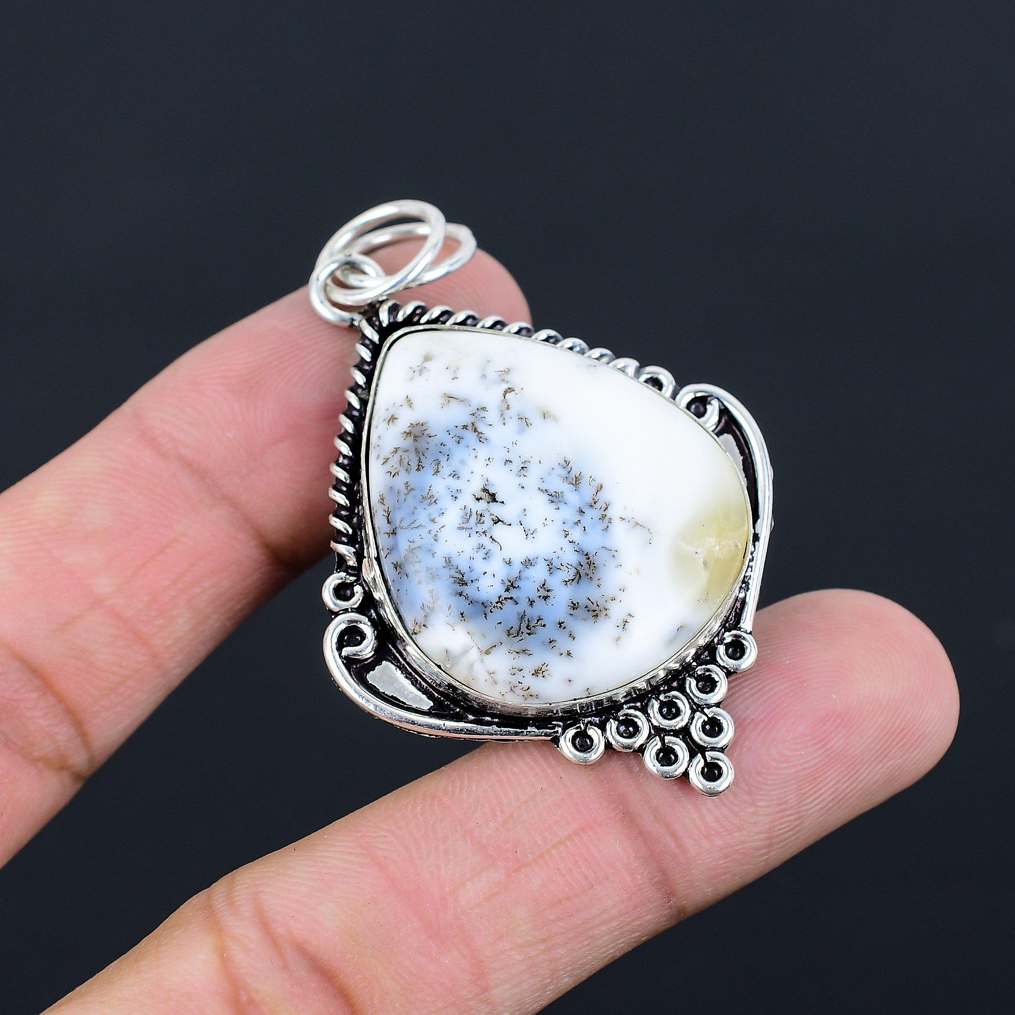 

День Дочери Распродажа Дендритовый Опал Драгоценный Камень 925 Стерлинговое Серебро Безель Новый Подвеска