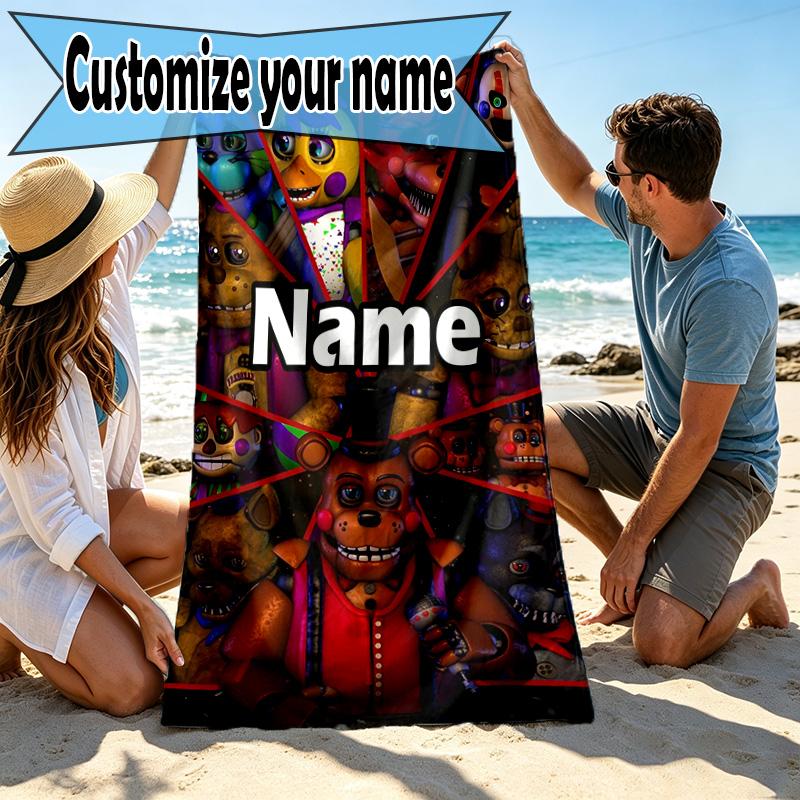 Custom Name Personalized Five Nights at Freddy's Print Beach Towel, for Trip Camping Beach Party Home Decor, Birthday Gift for Family & Friends