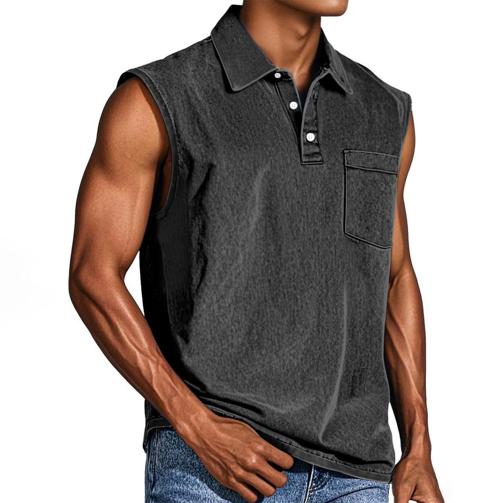 Men's Summer Solid Color Sports Pocket Buttons Lapel Vest Men's Sports Casual Vest