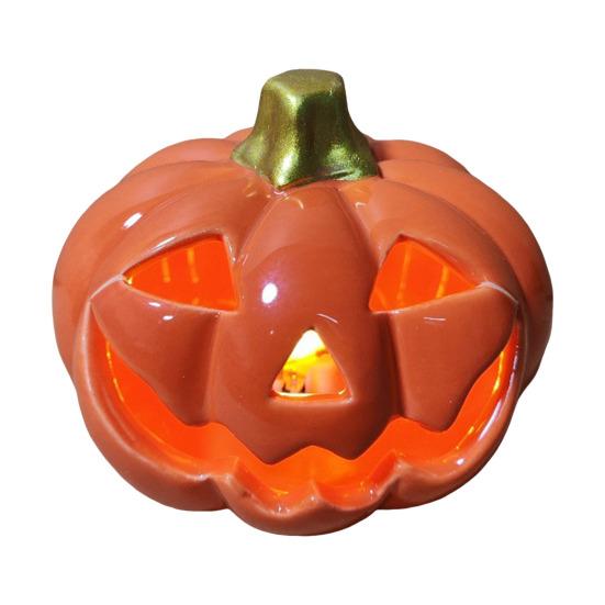 Yousheng Light Up Halloween Decoration Ceramic Carved Pumpkin Skull Bat Figurine LED Tabletop Ornament for Halloween Home Shelf Desk Decor