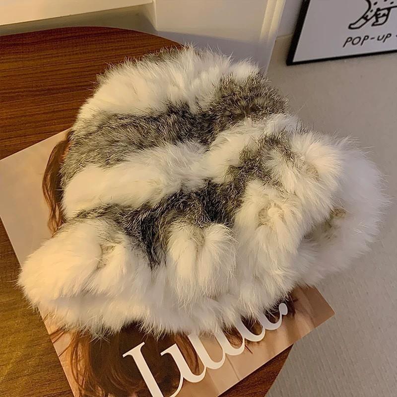 Fashion Rabbit Fur Patchwork Knit Bucket Hat Women Warm Fall Winter Large Head Size Face Slimming