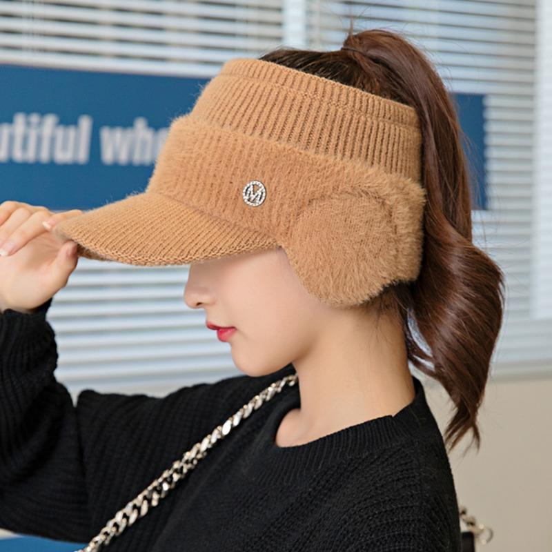 New Women Winter Hat Streetwear Faux Fur Warm Ponytail Cap Fashion Decorate Beanie Hat For Female Casual Earflap Knitted Hat