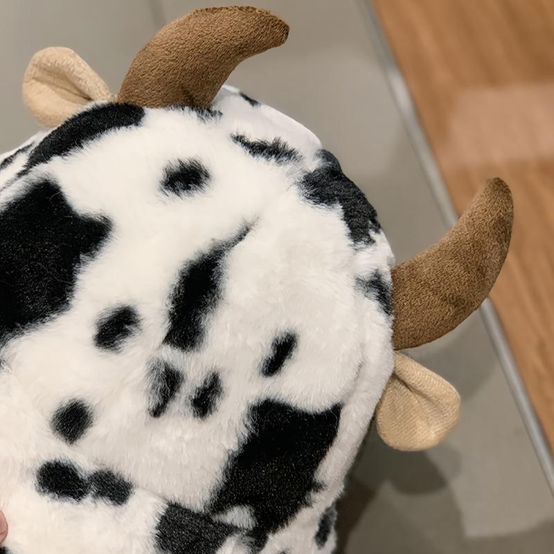 [Cow Print Plush Hat] Black And White Cow Print Plush Hat, Cute Horn Thickened Warm Beanie, Fashionable Versatile Fisherman Cap