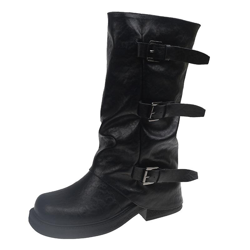 Vintage medium and high tube western denim pile knight women's boots autumn new buckle French trousers thick heel knight boots