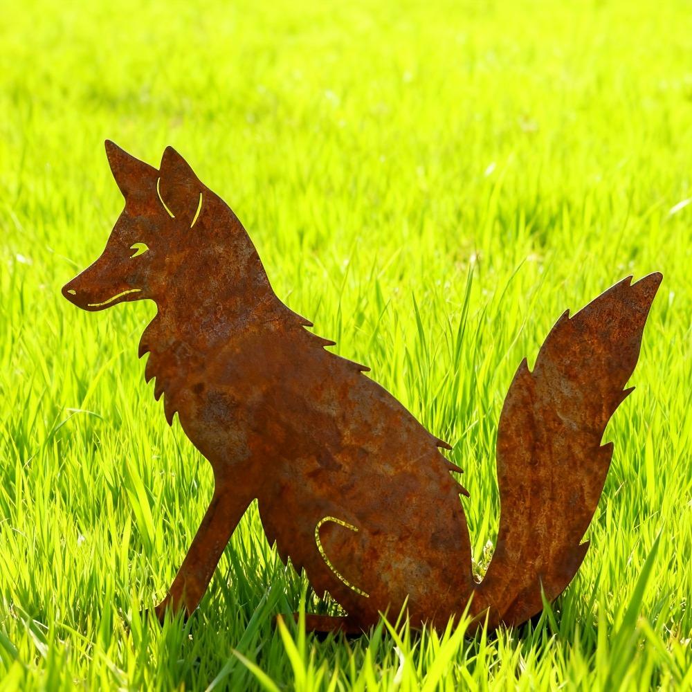 Rustic Metal Fox Stake Garden Sculpture Outdoor Yard Art Lawn Decoration Unique Gift